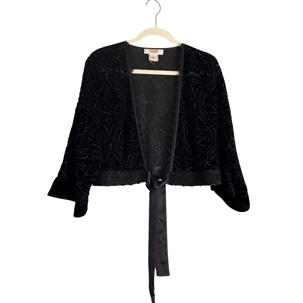 Talbots Black Velvet Burnout Shrug Silk Blend Damask Tie Front Bolero Medium
